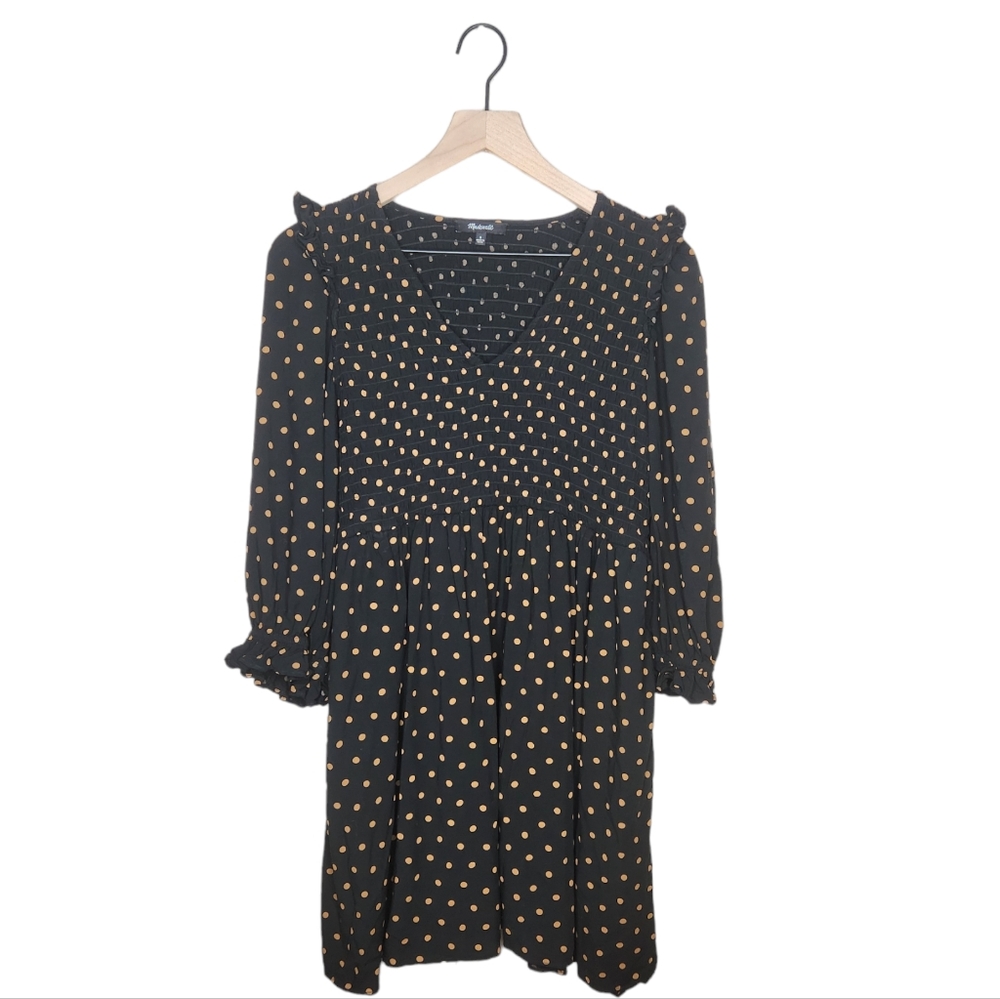 Madewell Lucie V-Neck Smocked Mini Dress in Oval Dot Size Small Black
